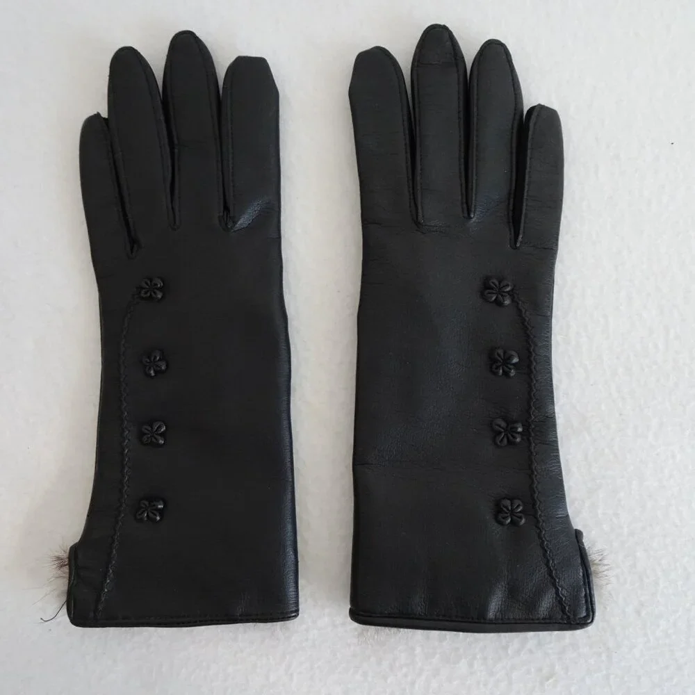 Vintage Women’s Faux Black Leather Fur Lined Gloves Size 7 to 8 1/2 S/M